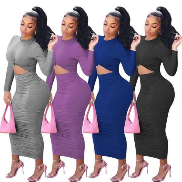 

casual dresses birthday dress for women hollow out round collar long sleeve solid color pleated stretch elegant wholesale, Black;gray