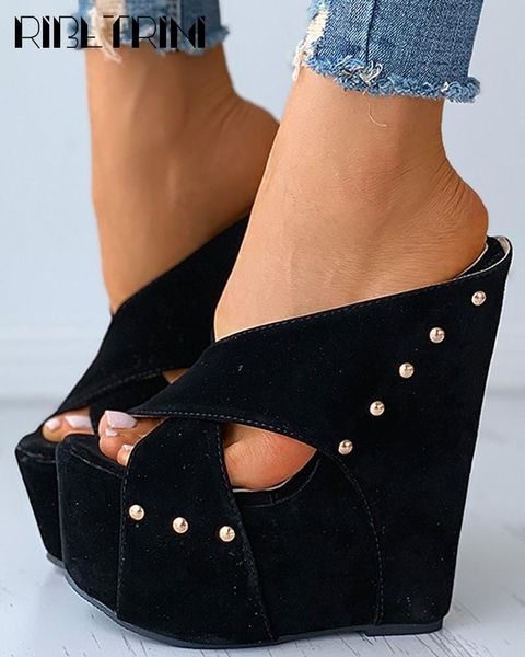 

slippers ribetrini open toe plaftorm high wedges rivet solid slip outdoor slides peep party dress elegant summer shoes, Black