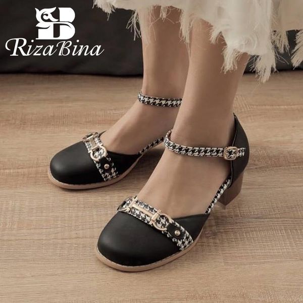 

dress shoes rizabina fashion women pumps design real leather patchwork modern metal buckle heels footwear size 32-44, Black