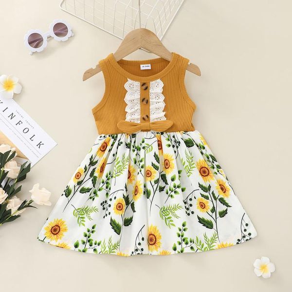 

girl's dresses baby girls summer suspender ribbed splice ruffled floral bow princess dress for kids clothing, Red;yellow