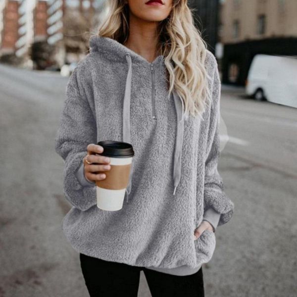 

women's hoodies & sweatshirts women hoodie autumn winter fleece long sleeve ladies casual hooded zipper pockets solid loose sweatshirt, Black