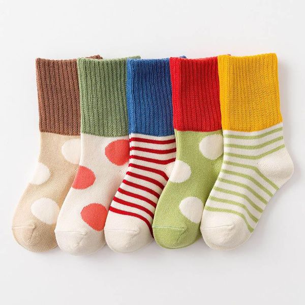 

dot striped pattern 5 pairs/pack 1-12 years soft boy girl children's gift combed cotton crew socks sports for winter, Pink;yellow