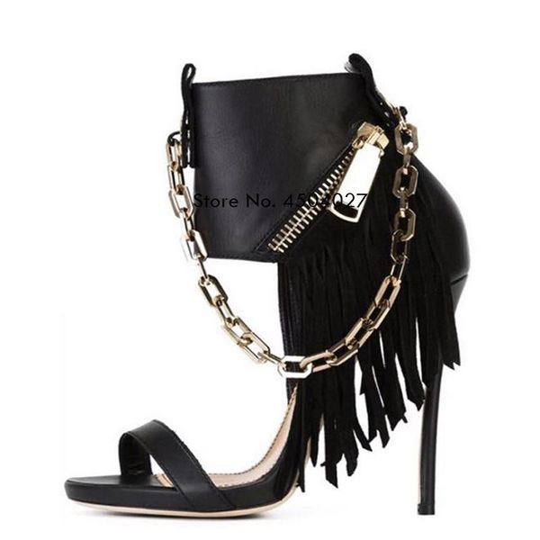 

dress shoes ladies tassel open toe gladiator sandals chain embellished high heels black fringe party women