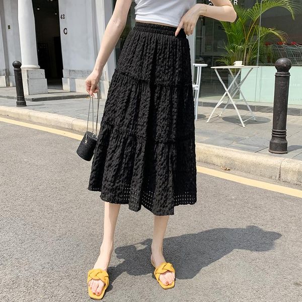 

skirts plaid black long women high waist a-line white summer skirt lace pleated chiffon hollow solid casual vintage z280