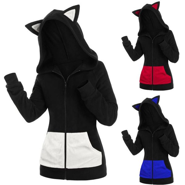 

women's hoodies & sweatshirts women long sleeve sweatshirt cosplay cat faux fur hooded zipper harajuku gothic pullovers c07, Black