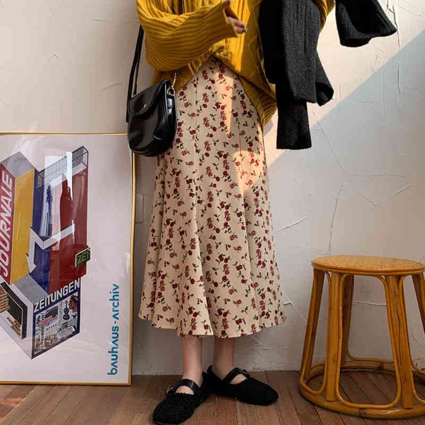

skirts elastic high waist floral print women mermaid female corduroy skirts spring summer midi vestidos femme 65v4, Black