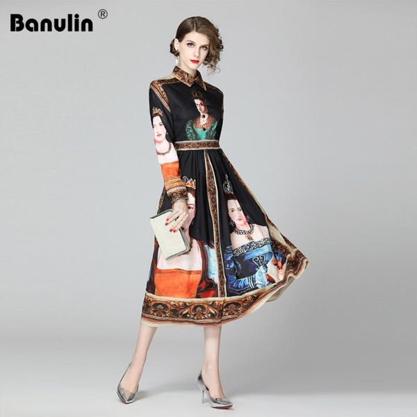 

banulin 2021 spring summer fashion runway vintage dress women's long sleeve gorgeous painting queen print a line elegant casual dresses, Black;gray