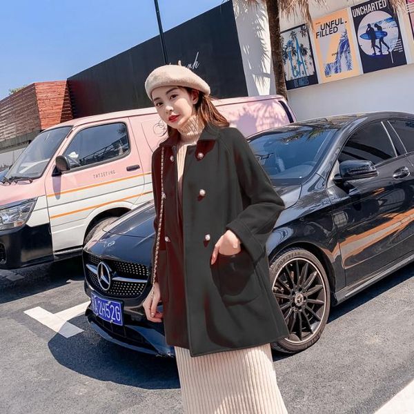 

women's wool & blends with lining dragon and phoenix red pearl double row buttons woolen coat winter 2021 loose korean style, Black