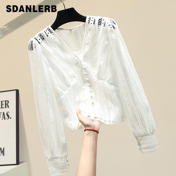 

women's blouses & shirts lace shirt spring autumn long sleeve light ripe 2021 ladies cropped basic blusas mujer, White