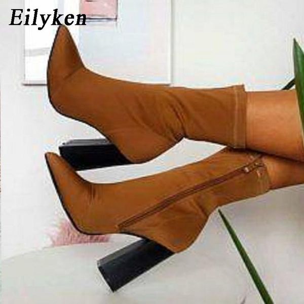 

fashion brown elastic zip ankle boots chunky high heels stretch women autumn booties pointed toe pumps, Black
