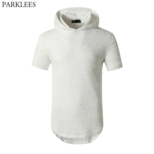 

white ripped longline hoodie tshirt men hip hop round hemline hole t shirts mens short sleeve casual harajuku tee shirt homme 210522, White;black