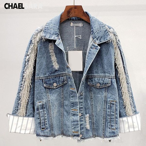 

women's jackets vintage tassel hole jeans women spring autumn splice short casual loose denim coat female cowboy outwear, Black;brown