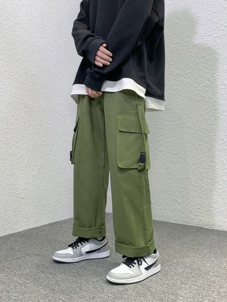 

men buckled flap pocket side cargo pants q0sb#, Black
