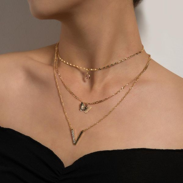 

chains butterfly necklace diamond v-shaped drop-shaped pendant multi-layer, Silver