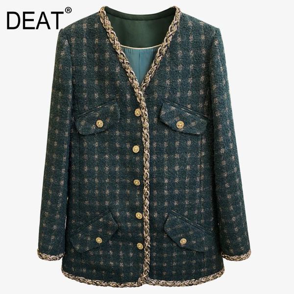 

[deat] v-neck collar long sleeve single breatsed pocket casual bright silk tweed loose print green 2021 spring gx346 women's jackets, Black;brown