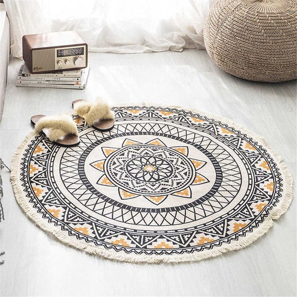 Nordic Runde Teppiche Böhmen Ethnische Quaste Gelb Mandala Teppich Wohnzimmer Baumwolle Leinen Große Teppiche Moderne Klassische 120 cm Matten 210626