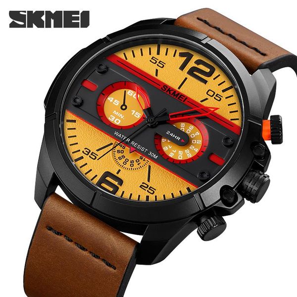 

wristwatches skmei brand quartz movement watch for men fashion design dial 30m waterproof shockproof luxury leather strap relogio masculino, Slivery;brown