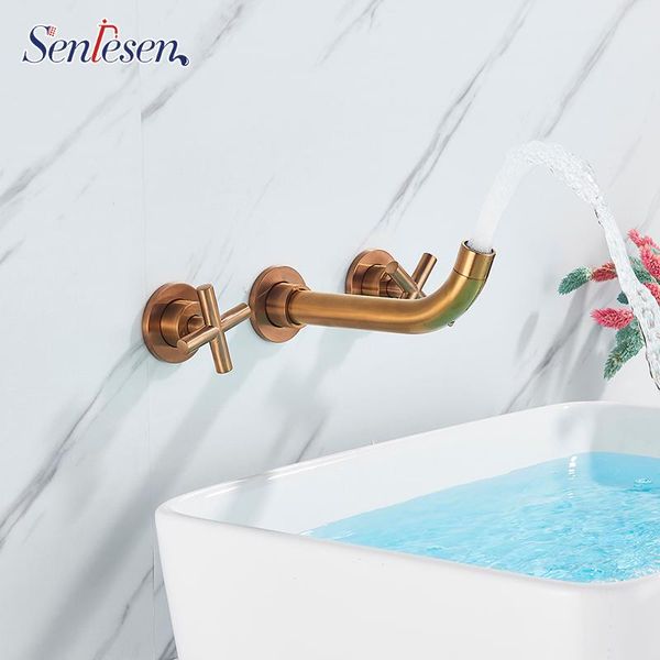 

senlesen basin bathroom sink faucet set 3 hole nickle golden/black brass double cross handle wall mounted cold tap in-wall faucets