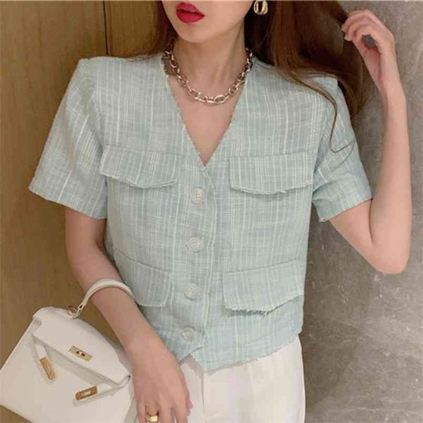 

summer fashion v-neck short sleeve coat women green single-breasted crop streetwear tweed jacket female outwear 210514, Black;brown