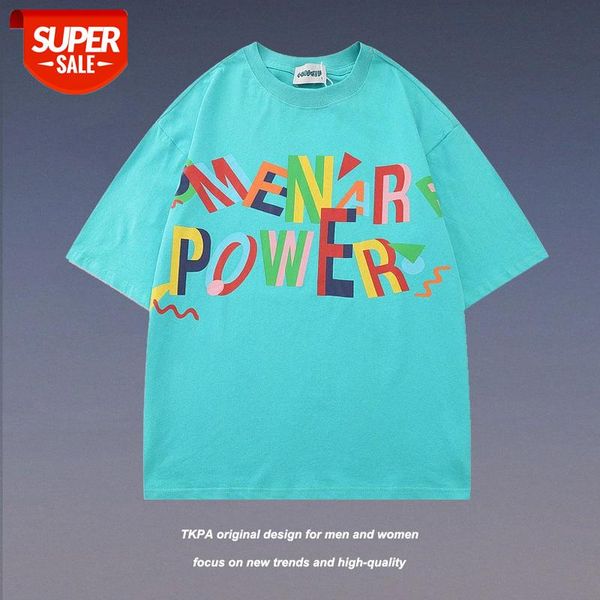 

streetwear men ins harajuku style rainbow letter printing short-sleeved t-shirt and women national tide brand hip-hop loose couple sho #we2d, White;black