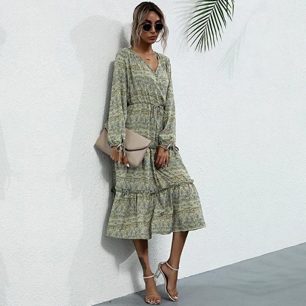 

casual dresses 2021 autumn dress for women long sleeve v-neck holiday aesthetic vintage soft clothes boho midi fall trend, Black;gray