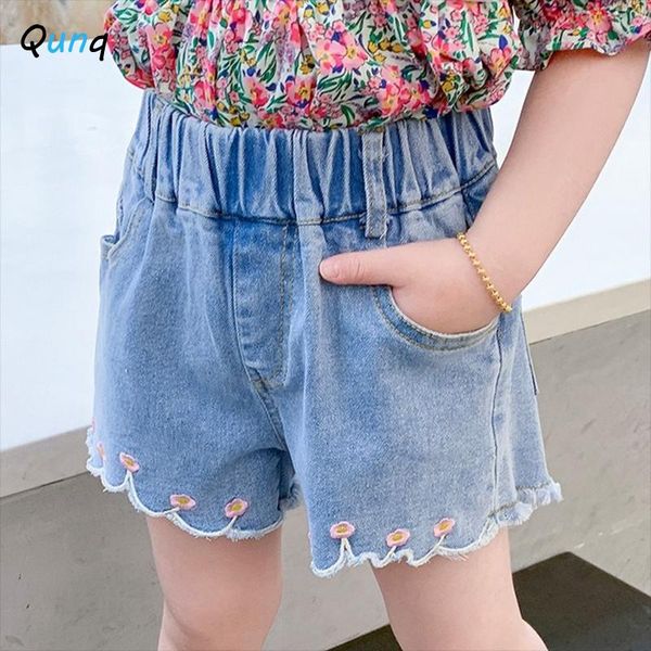 

qunq summer girls denim shorts 2021 loose elastic waist kids short pant for girl flower embroidery children trousers, Black
