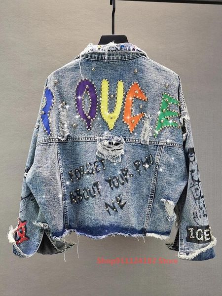 

women's jackets short denim jacket female heavy industry rhinestone beaded letters european station 2021 spring trend is thin broken ho, Black;brown