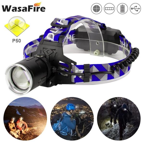 

wasafire powerful xhp50 led headlight usb 18650 rechargeable head lamp torch aluminum alloy zoom headlamp headlamps