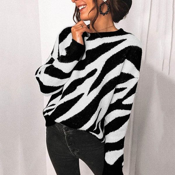 

women's sweaters women sweater black white spliced stripes drop shoulder loose elegant knit pullover soft stretch autumn winter jumper, White;black