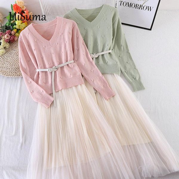 

casual dresses 2021 autumn female v-neck long sleeve knit blouses + strap fairy mesh a-line dress with bag two-piece sets women suits, Black;gray