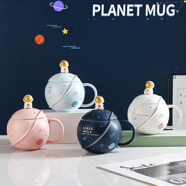 

mugs creative cartoon relief astronaut mug planet shape coffee milk cup ceramic space water drinking cups with lid and spoon