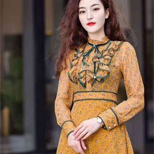 

capris est fashion spring summer 2021 women elegant little flower print ruffle patchwork long sleeve orange, Black;gray