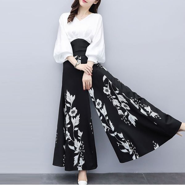 

pant suits fashion elegant two piece set women white blouse and black floral print wide leg pants suit 210522