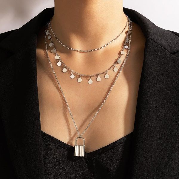 

pendant necklaces creativity lock key necklace for women style layered adjustable geometry round clavicle chain jewelry 18109, Silver