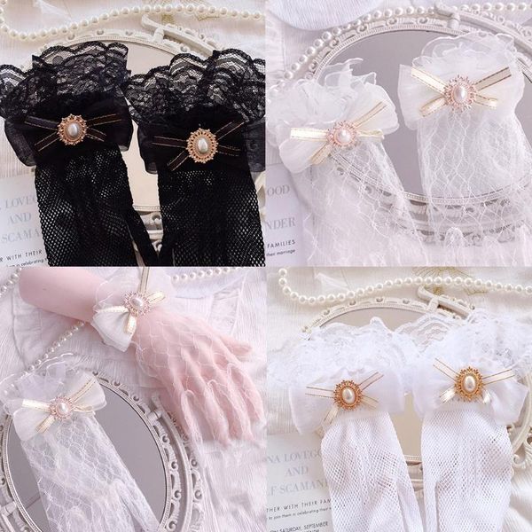 

five fingers gloves 40gc girls short mesh ruffles lace bowknot pearl elegant tea party for women wedding bridal cosplay ornaments, Blue;gray