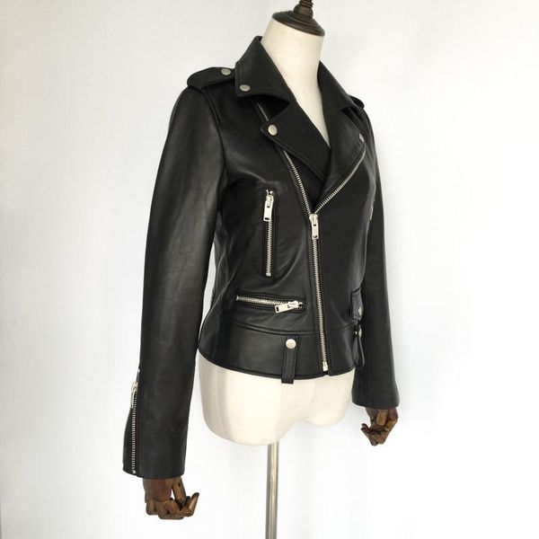 

women's leather & faux spring genuine jacket women fashion real sheepskin coat rivet motorcycle biker female sheep, Black