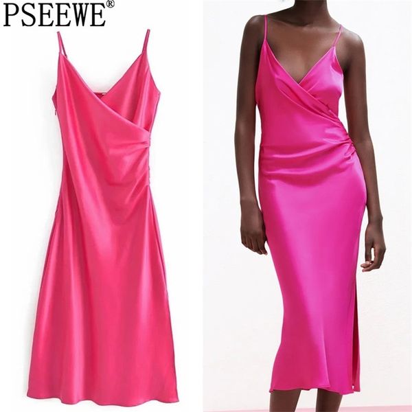 Camisole Langes Kleid Frau Rose Red Slip Elegante Party Kleider Frauen Geraffte Rückenfreie Midi Sexy Sommer 210519