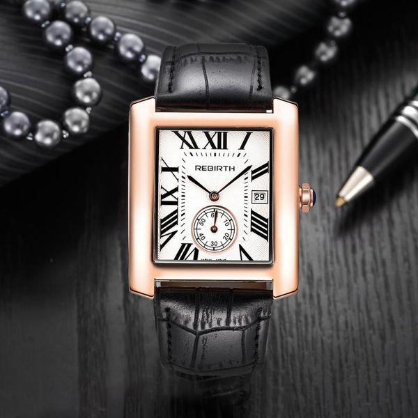 

wristwatches rebirth luxury brand women's watches rectangle shape quartz leather straps ladies causal wrist watch relogio feminino #c, Slivery;brown