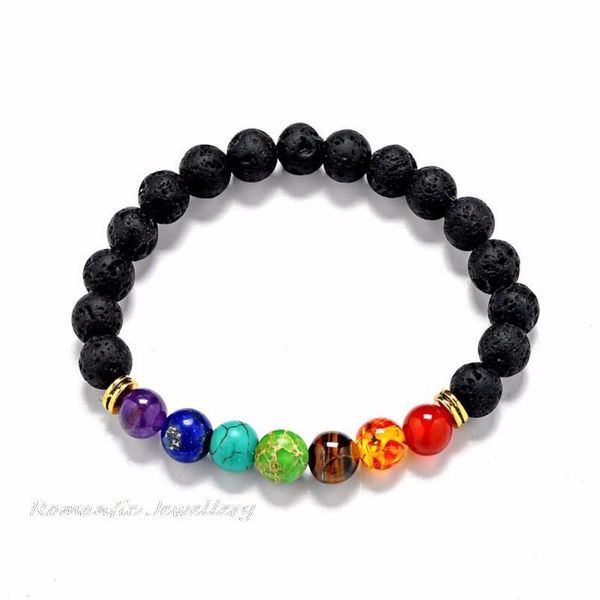 

charm bracelets design mens black lava 7 chakra healing balance beads bracelet for men women rhinestone reiki prayer stones, Golden;silver