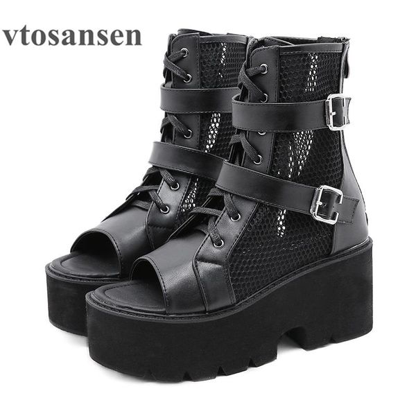 

boots shoes 2021 hollow out female short fashion soft leather pu mixed air mesh women ankle thick platform, Black