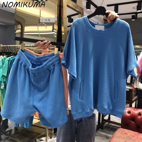 

women's tracksuits nomikuma 2021 summer 2pieces suits short sleeve o-neck t shirts + fashion causal shorts women korean solid sets 6j72, Gray