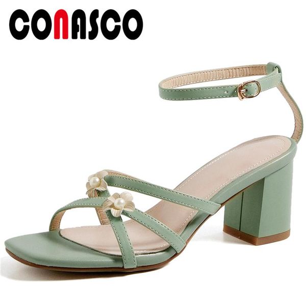 

dress shoes conasco women summer genuine leather sandals sweet elegant 2021 casual wedding pumps flower high heels woman, Black
