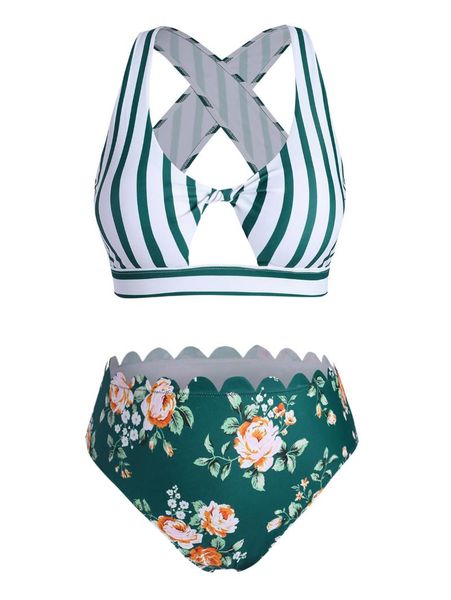 

women's swimwear plus size striped cutout floral bikini, White;black