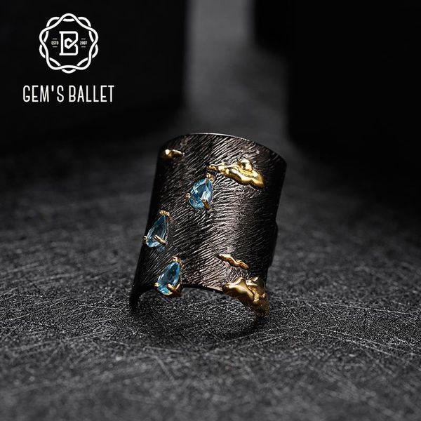 

cluster rings gem's ballet nature swiss blue z gemstone 925 sterling silver handmade clouds sea swallows ring for women anniversary, Golden;silver