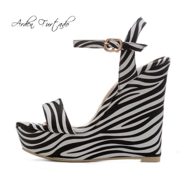 

arden furtado 2021 summer high heels 12cm wedges buckle strap platform striped fashion sandals casual shoes women ladies girls, Black