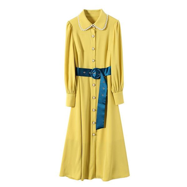 

casual dresses elegant lady dress bead button satin belt long sleeve a-line, Black;gray