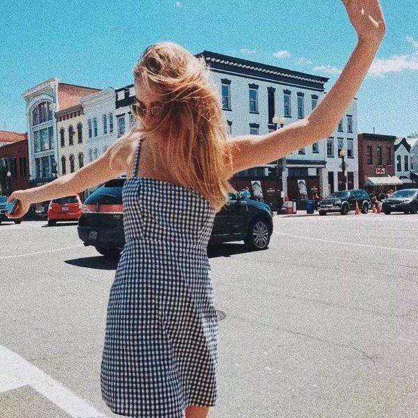 

casual dresses black white gingham slim dress, Black;gray