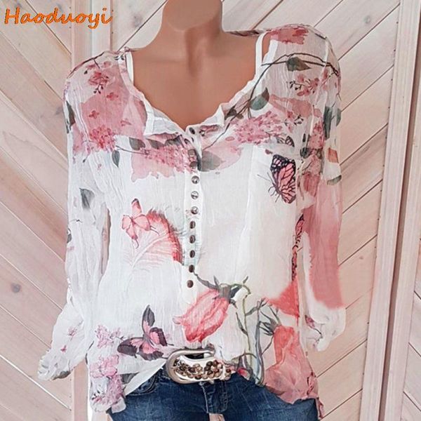 

women's blouses & shirts haoduoyi women casual floral printed button oversize shirt chiffon irregular hem blouse 2021 spring summer, White