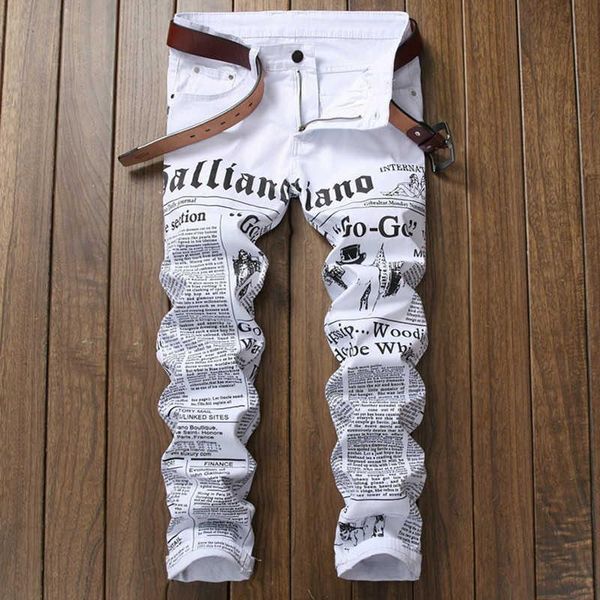 

men's jeans mens streetwear clothes personality ripped printed skinny hip hop punk casual motorcycle stretch denim pant trousers white, Blue