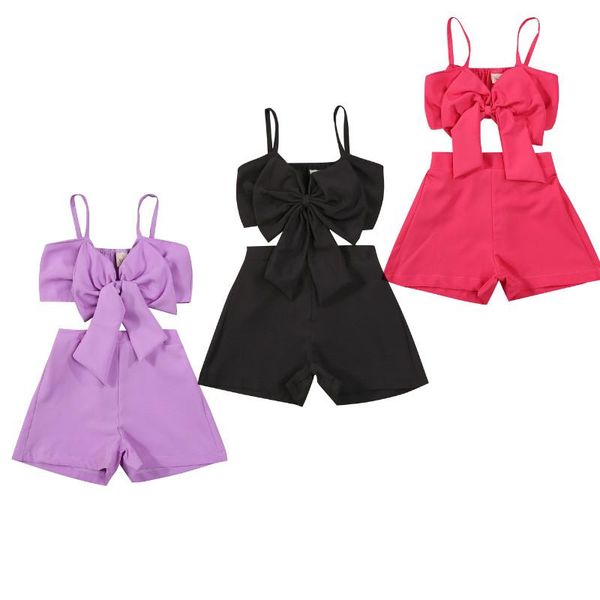 

2-7y kids baby girls sets 2021 summer solid color sleeveless bow front tank and wide leg shorts fashion children outfits clothing, White